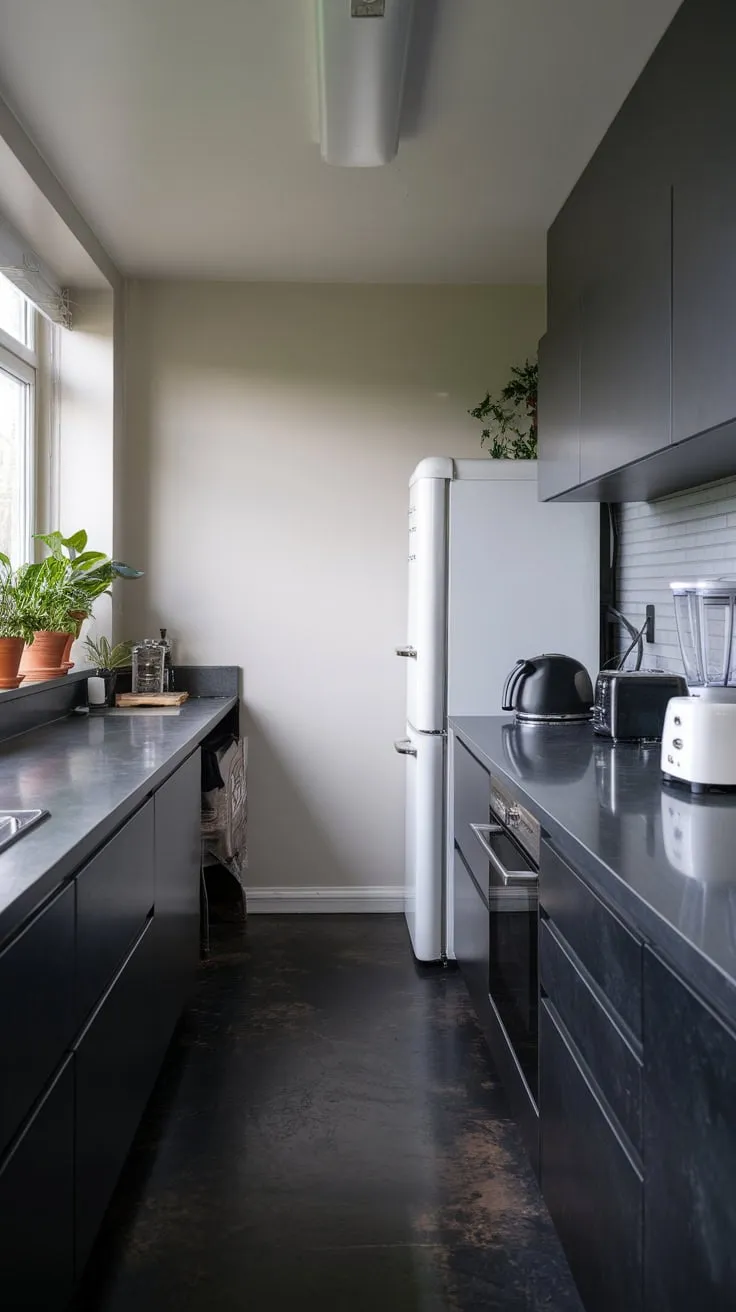 A minimalist dark kitchen design features contrasting white appliances and pops of green against a backdrop of dark grey flooring and black cabinets.