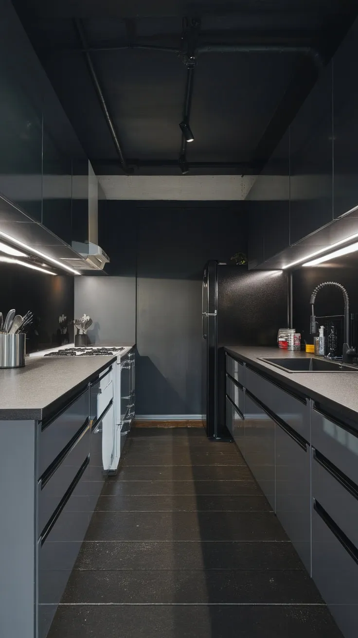 A dark grey tiled floor and monochrome appliances complete the stylish aesthetic of this modern dark kitchen.