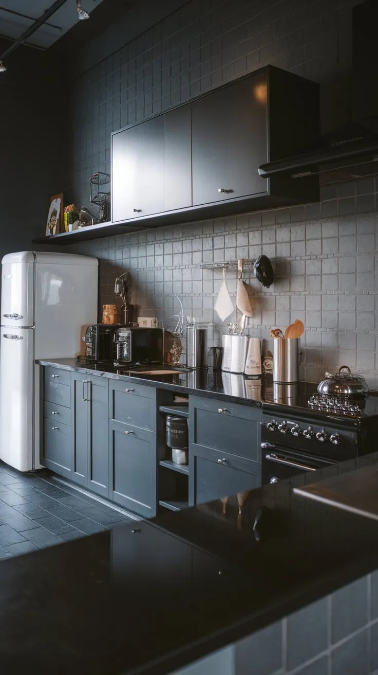 A dark grey tiled floor and geometric backsplash complete the sophisticated design of this modern dark kitchen.