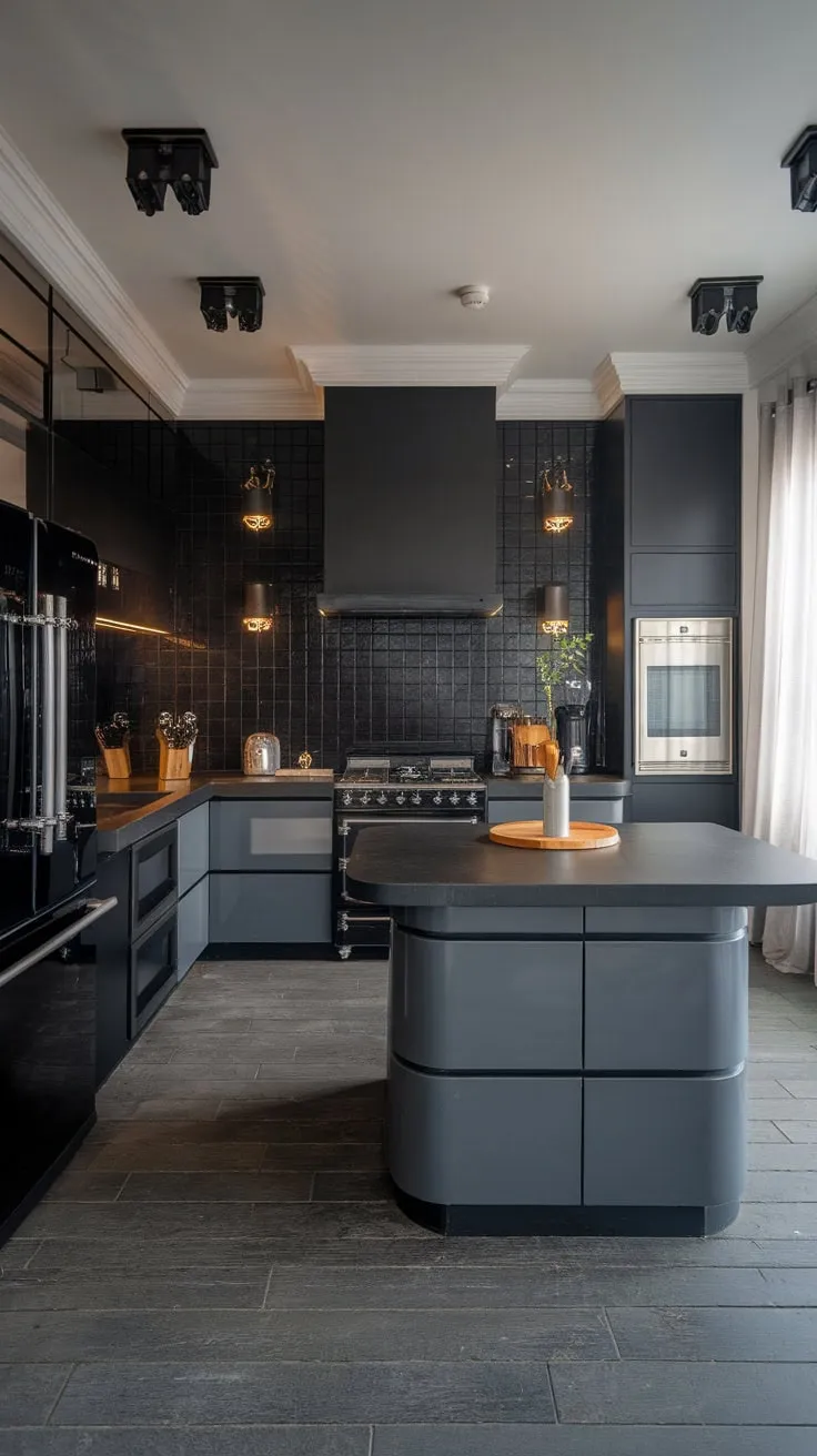 A modern dark kitchen boasts a dramatic aesthetic with black appliances, grey flooring, and a patterned backsplash, creating a stylish and moody space.