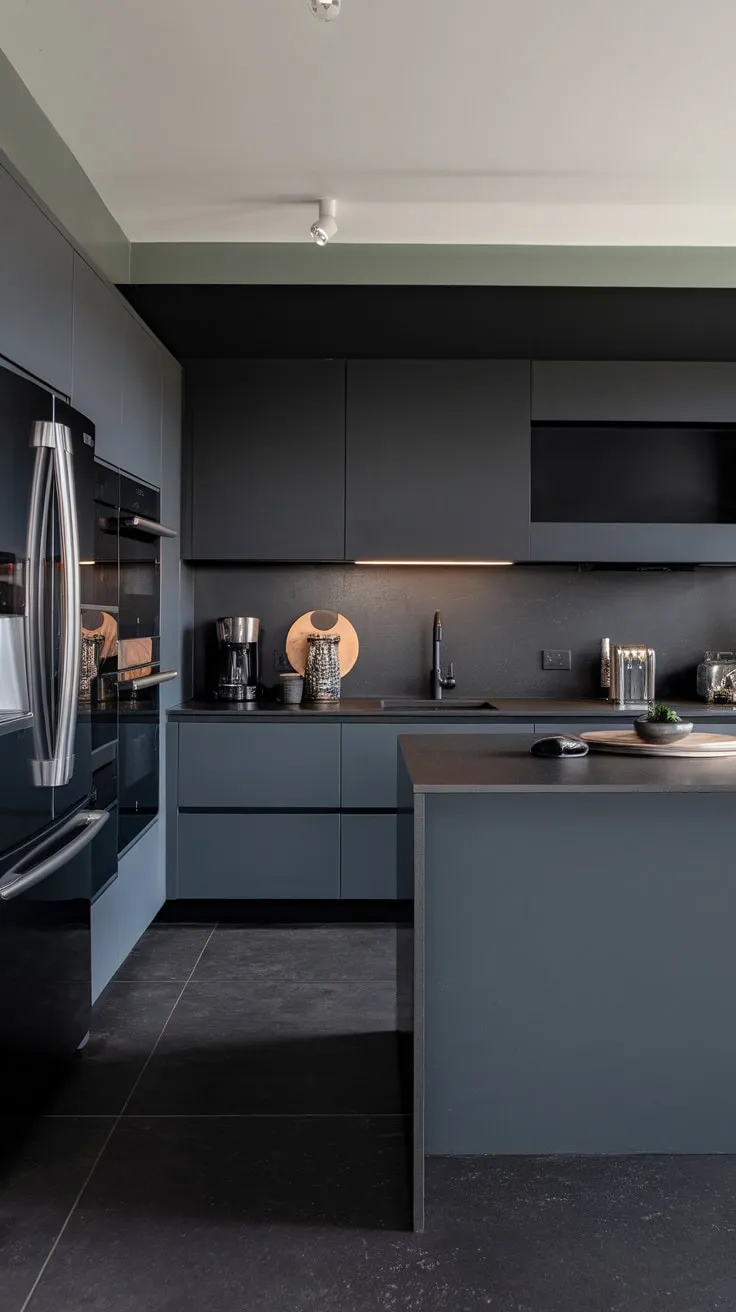 A dramatic dark grey and black palette creates a stylish and modern kitchen with a large central island.