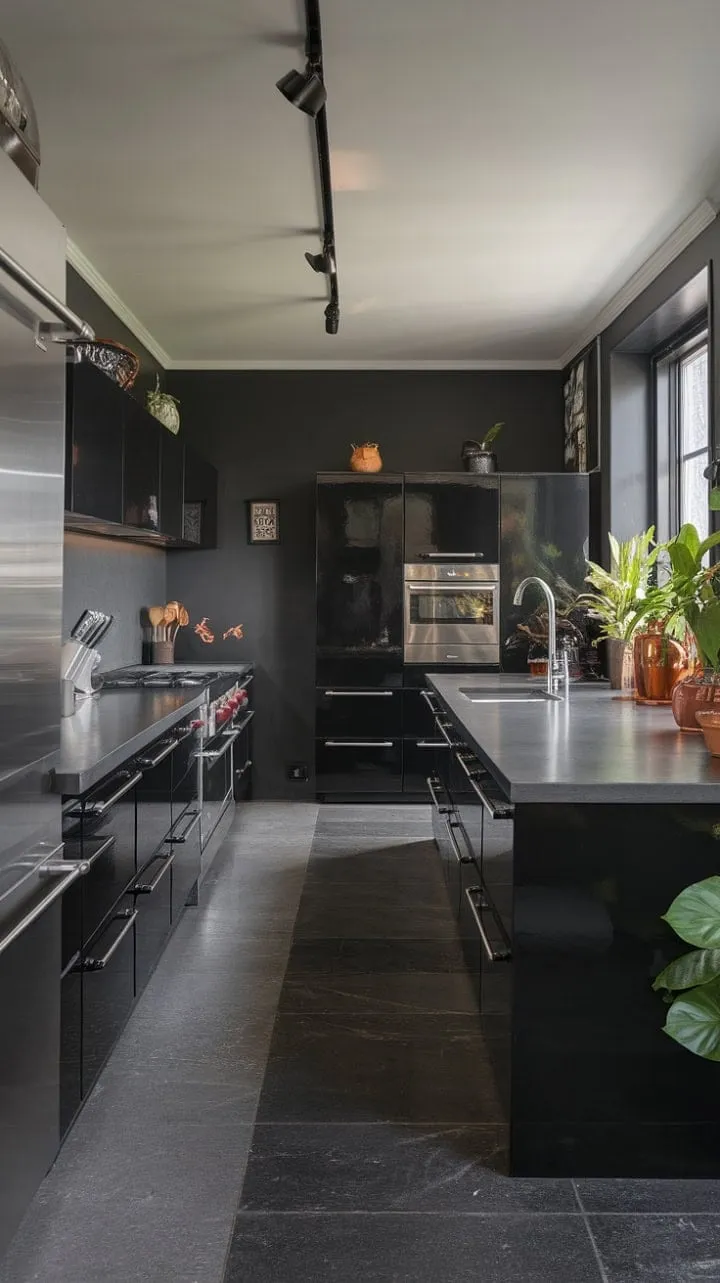 This modern kitchen blends sleek sophistication with dramatic dark elements and a touch of nature, creating a stunning and functional culinary haven.