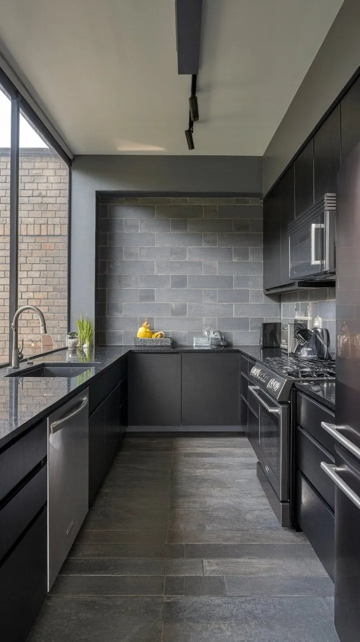 This modern kitchen blends sleek lines and a moody palette with sophisticated contrasts, industrial chic elements, and a touch of warmth from exposed brick, exuding understated elegance.