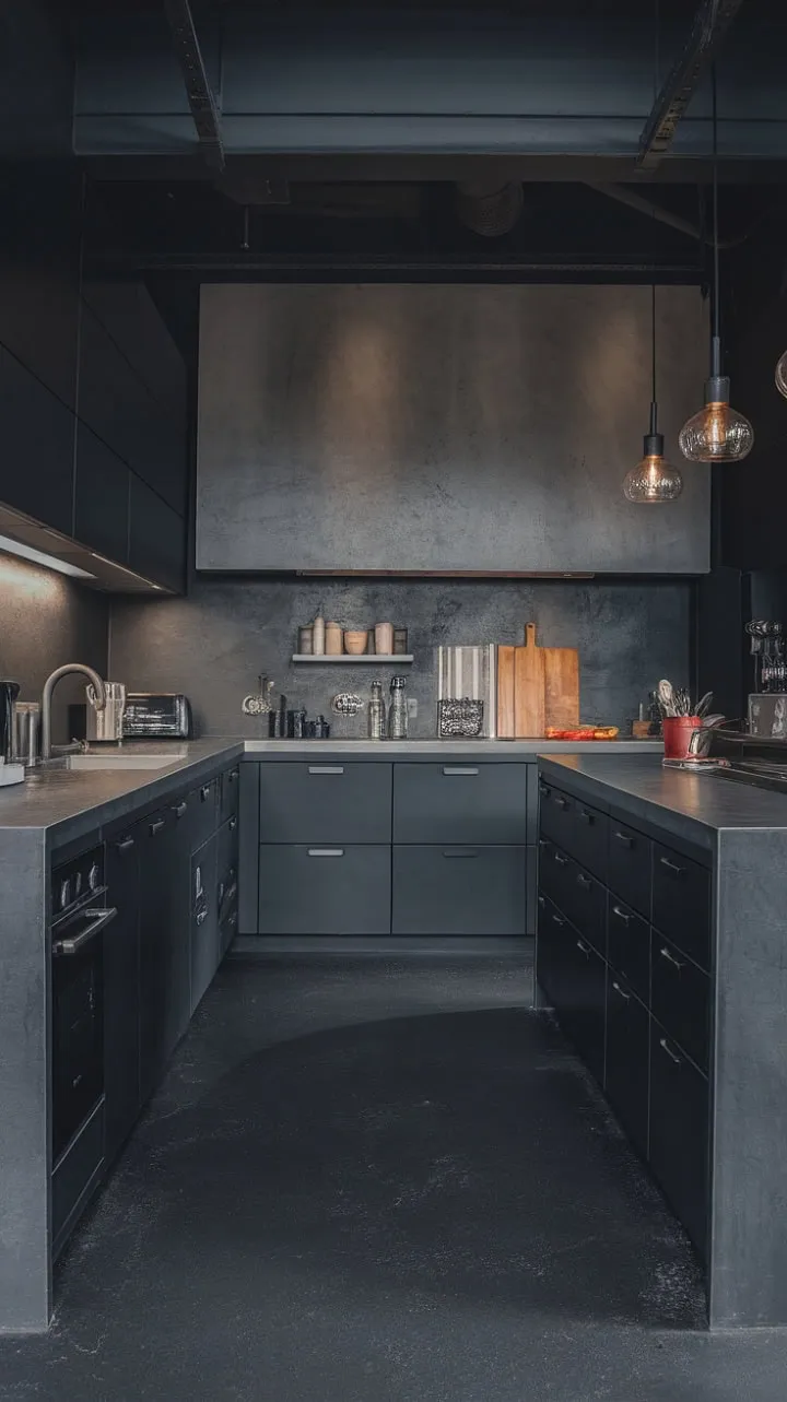 This striking modern kitchen blends artistry and functionality with its dramatic grey and black palette, textured backsplash, and sleek lines, creating a captivating culinary haven.