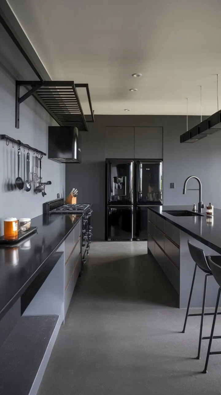 This striking dark kitchen blends cool grey and bold black accents, creating a chic and modern culinary haven that exemplifies minimalist design.