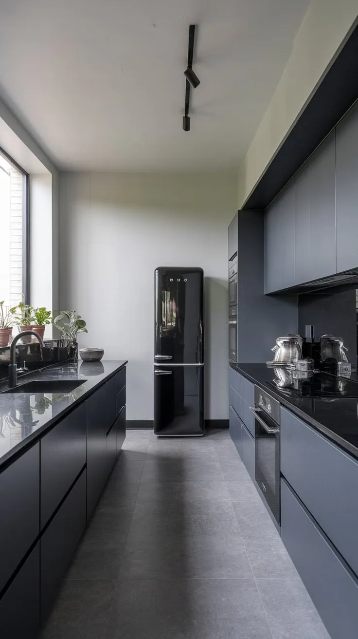 Sleek grey and black cabinetry define this modern dark kitchen's sophisticated design