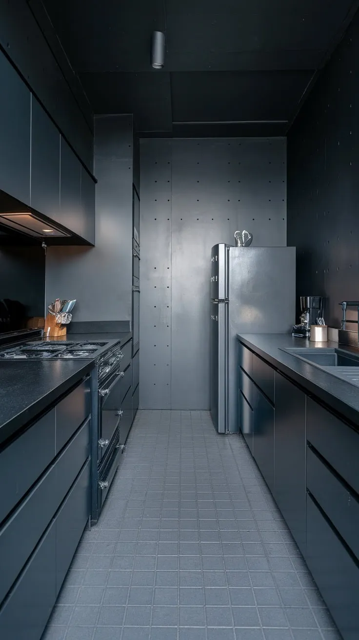 Sleek grey and black appliances and cabinetry define this modern dark kitchen, despite some wall imperfections.