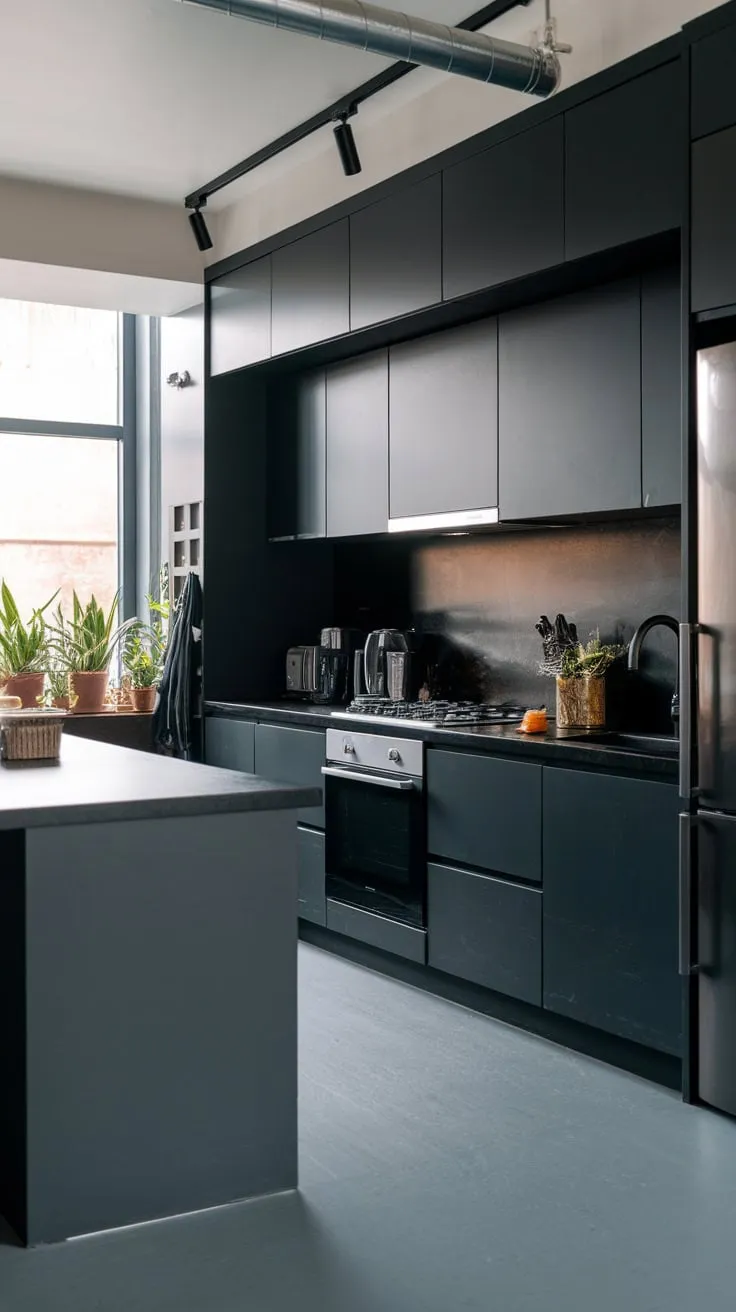 A dark and dramatic kitchen design features black countertops and appliances, contrasted by a grey floor and island, creating a stylish urban space.