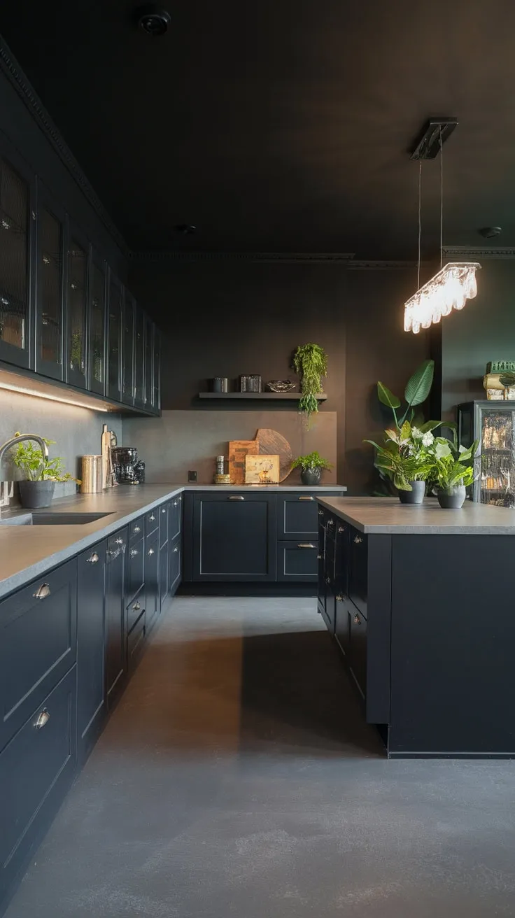A dramatic black and grey palette creates a chic and modern kitchen, enhanced by strategic lighting and minimalist decor.