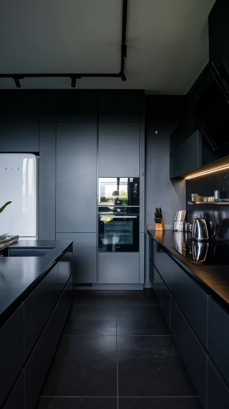 A minimalist dark kitchen design features black appliances and soft lighting against a grey backdrop.