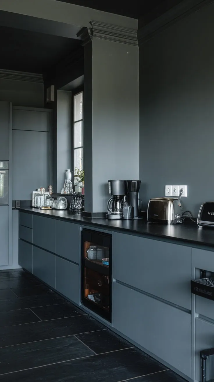 Sleek black and grey tones define this modern dark kitchen, its minimalist design highlighted by a window and essential appliances.