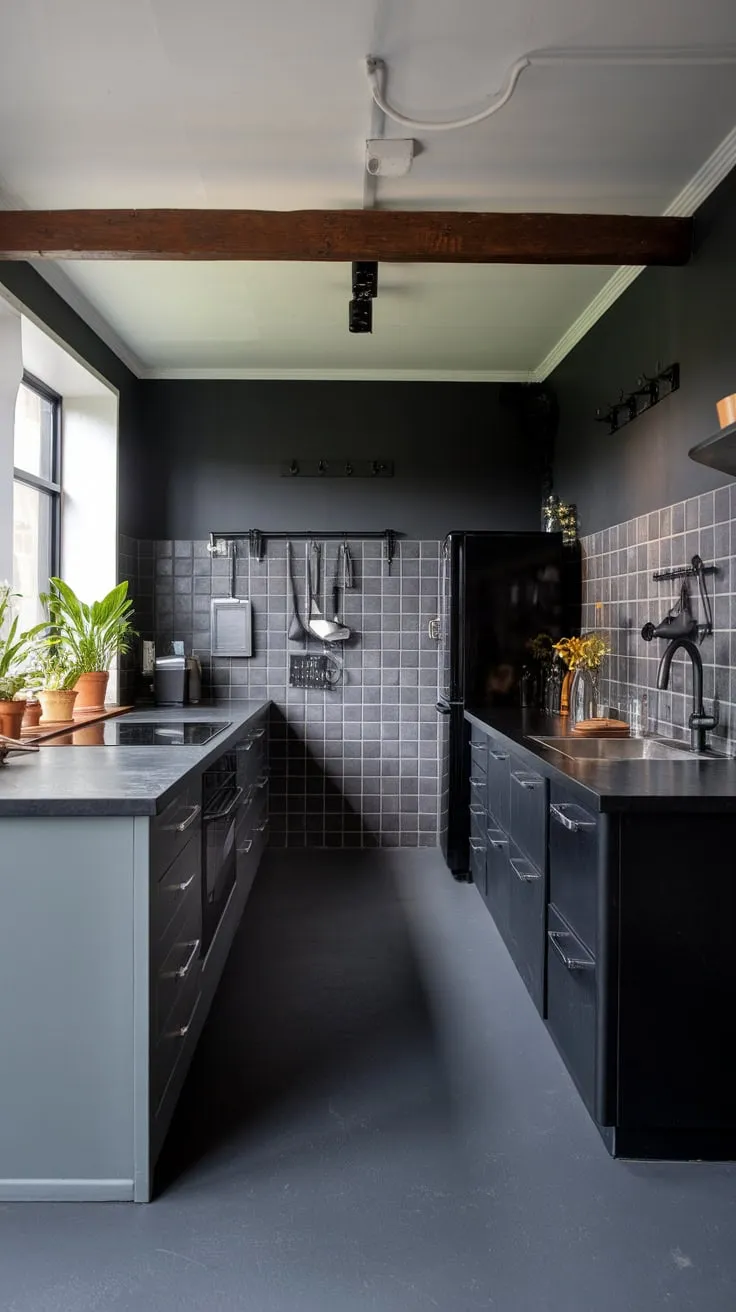 Sleek black and grey cabinetry, stainless steel accents, and a wood beam ceiling define this modern dark kitchen's sophisticated style