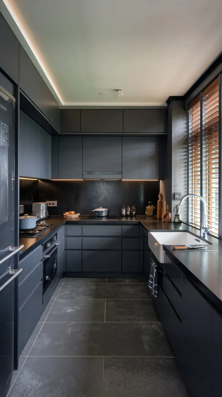 A modern dark kitchen's dramatic black and grey palette is subtly brightened by white accents and a window's soft glow.