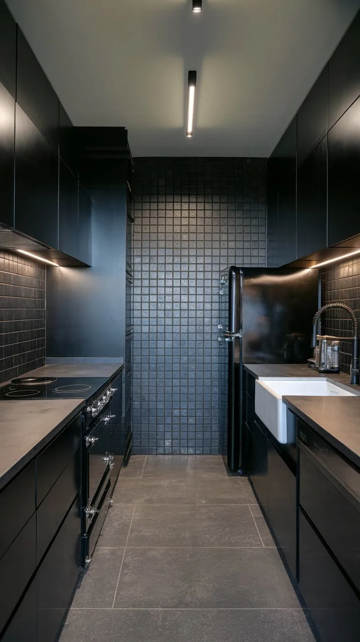 Sleek black cabinetry and grey accents create a sophisticated, modern dark kitchen.