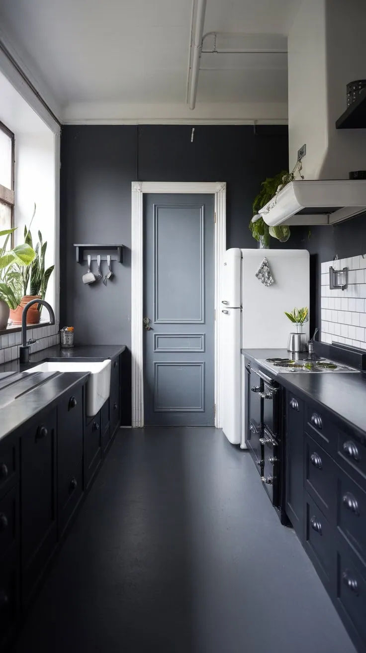 Sleek black cabinetry and contrasting white accents define this modern dark kitchen's urban chic.