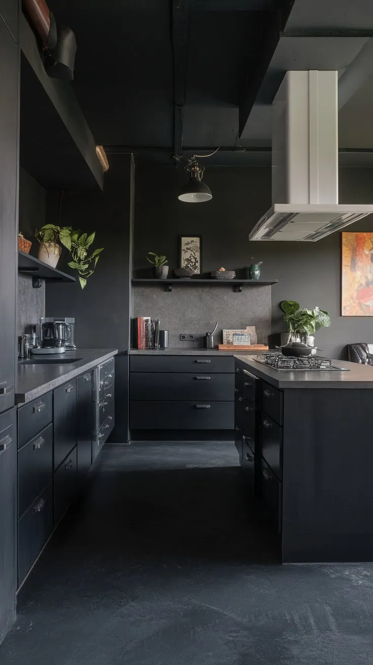 A modern dark kitchen's black island and textured grey backsplash offer a stylish and moody culinary space.