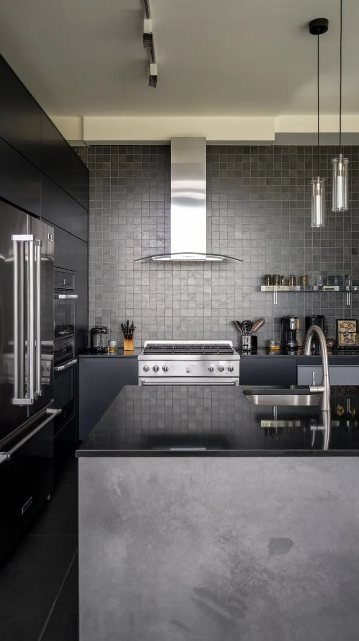 Sleek grey and black cabinetry, stainless steel appliances, and a dramatic black quartz island define this modern dark kitchen.