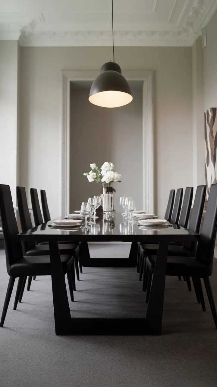 This modern dining space, featuring a dramatic black table and striking pendant light, elegantly combines sleek design with functionality for unforgettable gatherings.