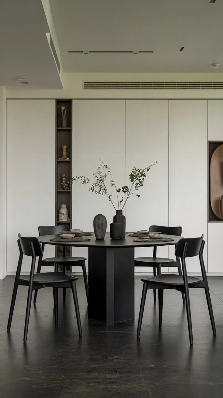 This chic dining room, featuring a bold all-black set, masterfully blends modern design with minimalist elegance, creating an inviting atmosphere for sophisticated dining.