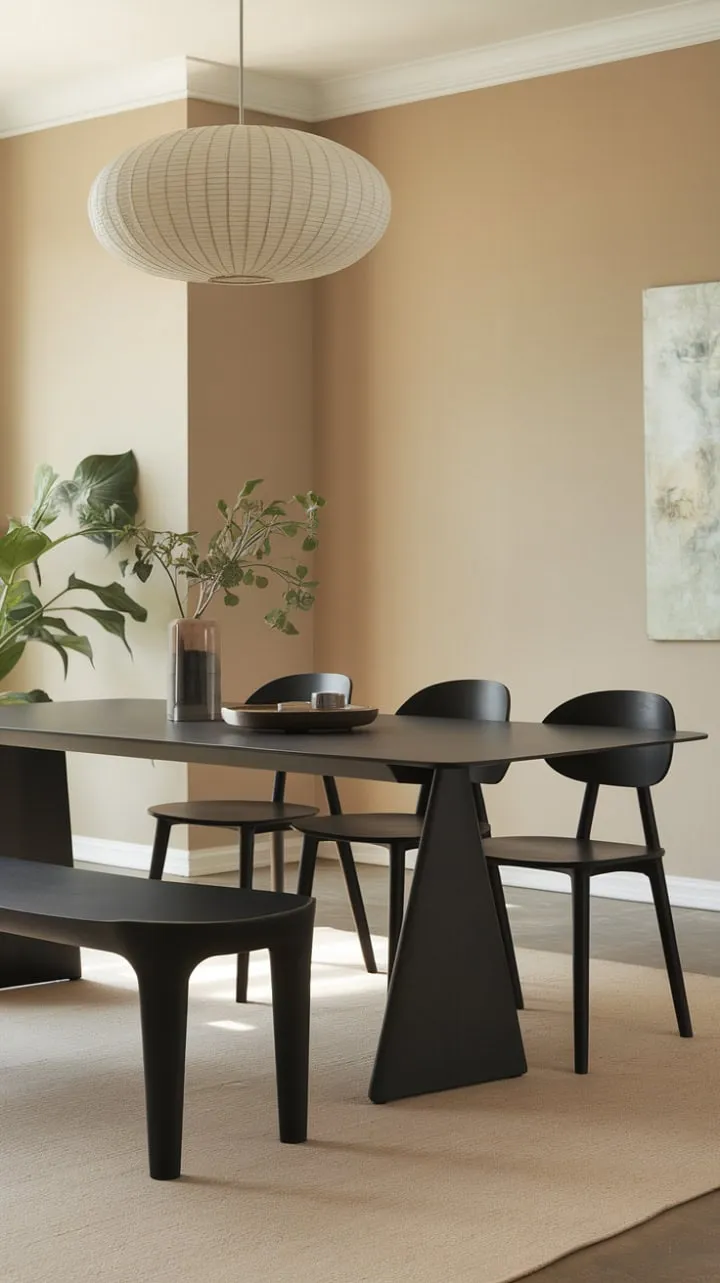 This minimalist dining room exudes understated elegance with its harmonious blend of curved and clean lines, soft lighting, and warm accents that breathe life into a serene neutral palette.
