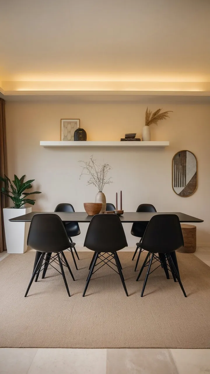 This dining space elegantly balances sophistication and simplicity with its sleek black furnishings, warm lighting, and a minimalist shelf that adds character.