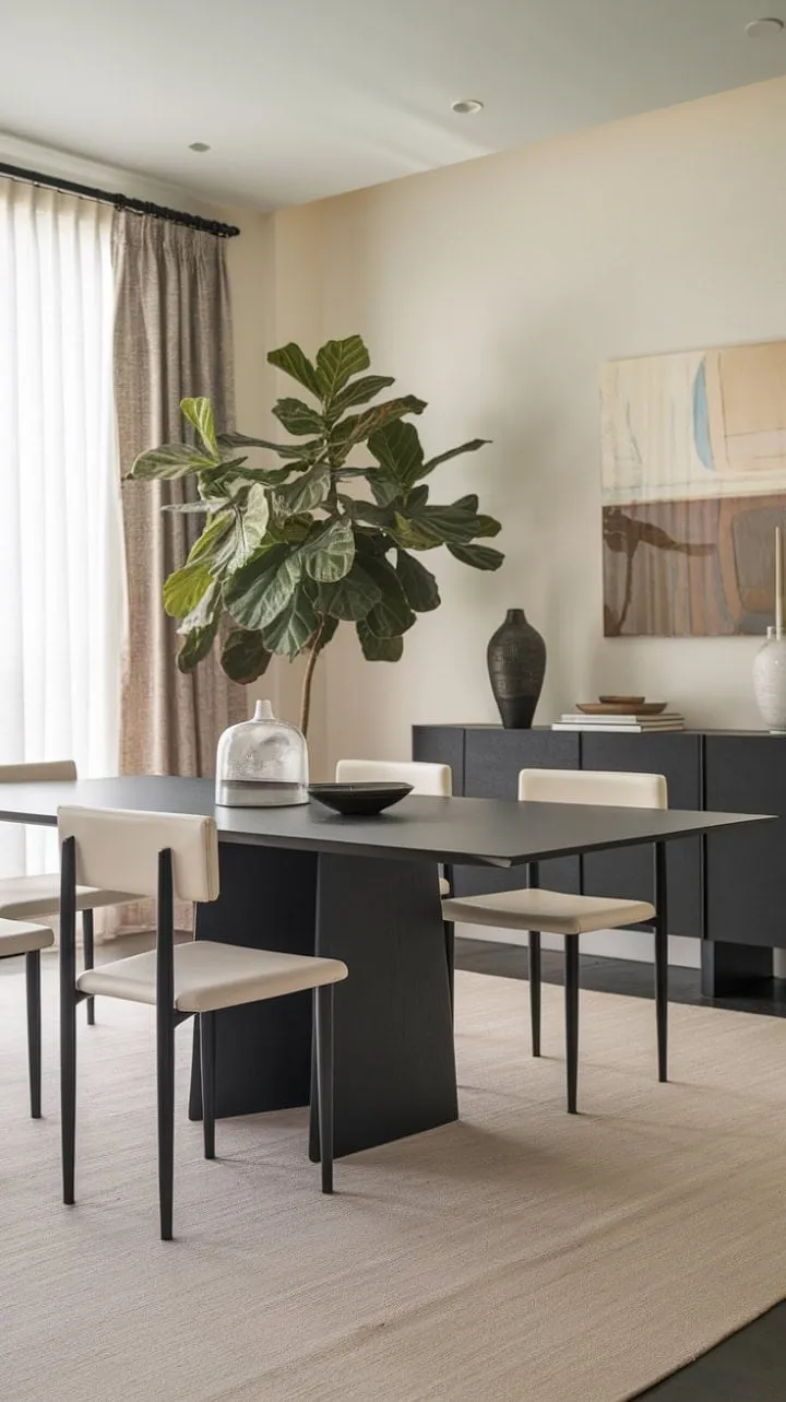 This modern dining space exudes minimalist elegance with its sleek black table, white chairs, and plush beige rug, harmoniously enhanced by art and greenery for a chic yet calming atmosphere.