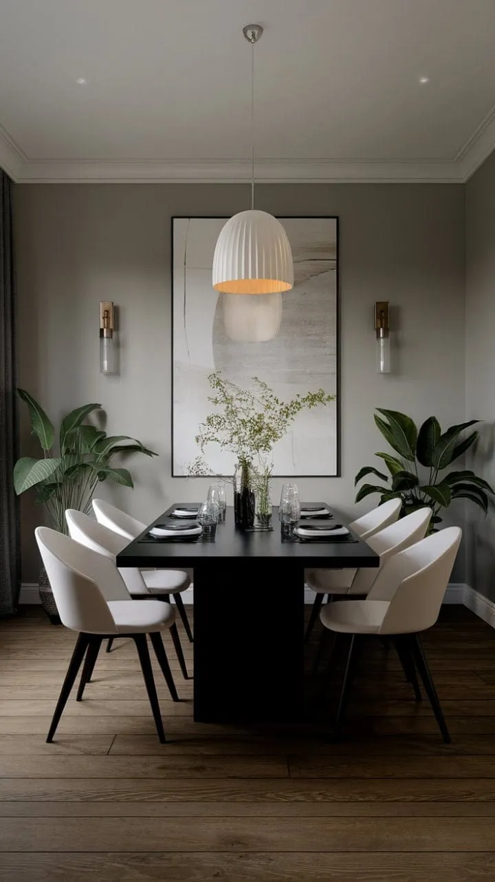 This dining room masterfully blends dark elegance with inviting lightness, featuring a striking black table, airy white chairs, and subtle greenery for a sophisticated modern ambiance.