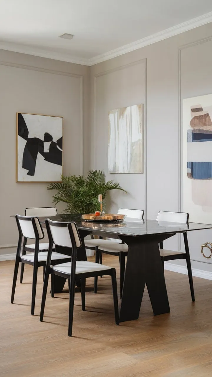 This stylish dining area harmoniously fuses modern elegance with classic charm, creating a sophisticated backdrop for unforgettable meals.