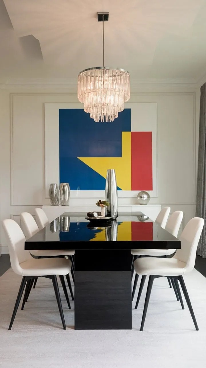 This modern dining space fuses sleek design and vibrant art, anchored by a glossy black table and a striking chandelier.