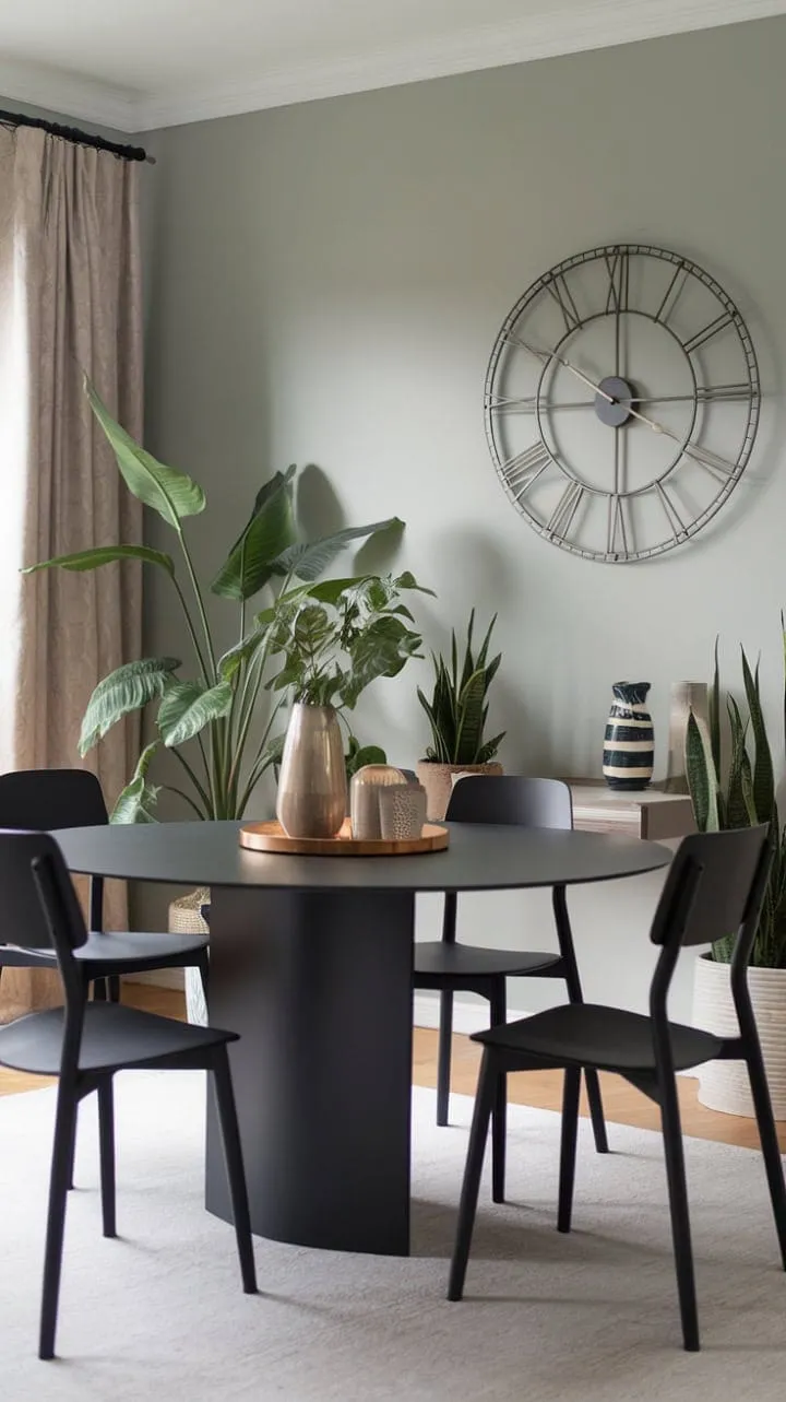 This dining space embodies sophisticated simplicity, where a sleek black table and soft gray walls harmonize with lush greenery to create an elegant backdrop for cherished memories.