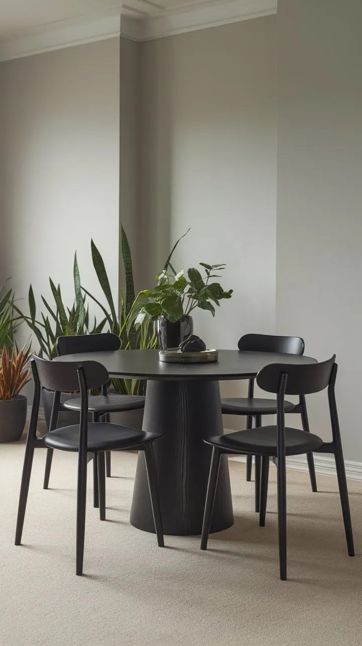 This minimalist dining area elegantly combines clean lines and a striking black set with soft greys and lush greenery for a chic, inviting atmosphere.