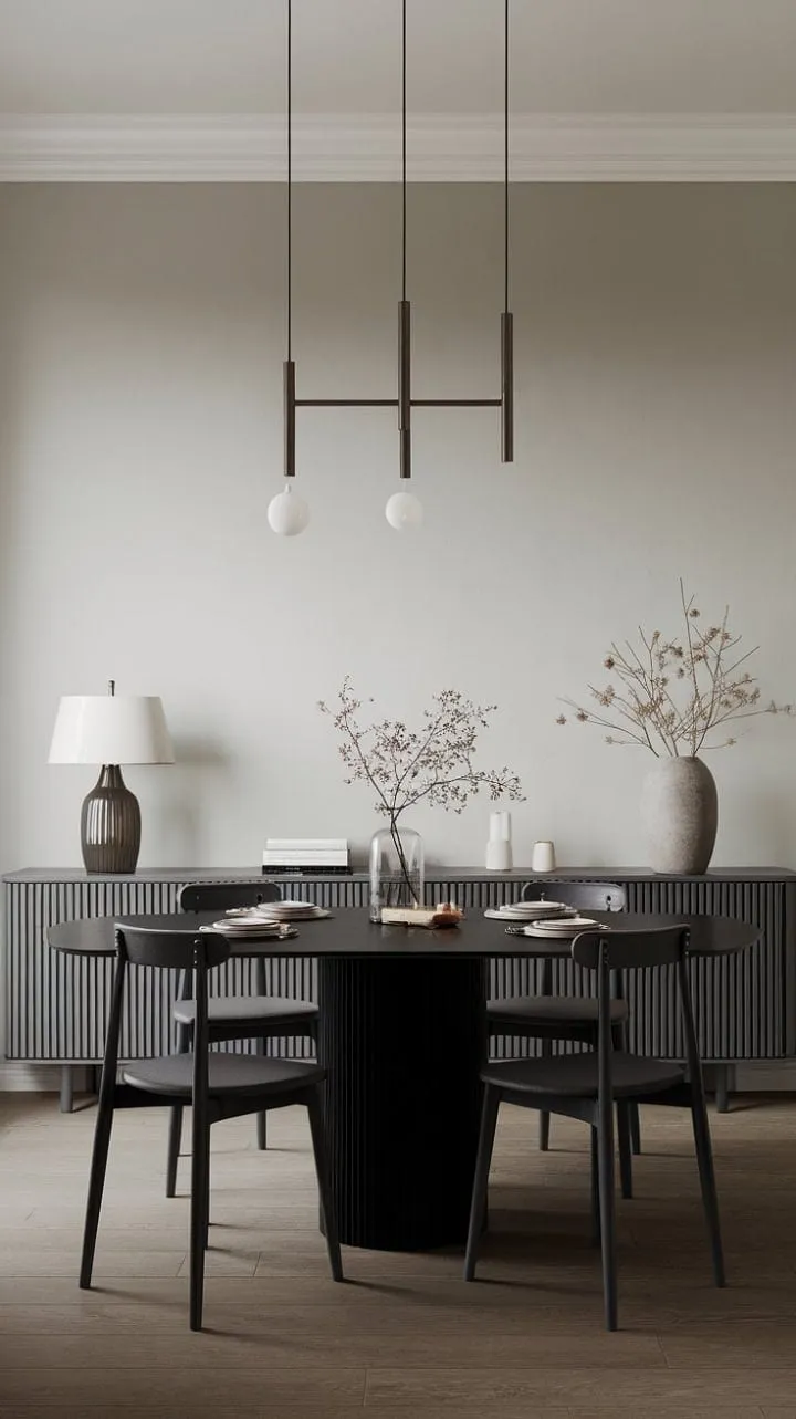 This dining space exudes modern chic with its sleek lines, a dramatic dark table, and a harmonious blend of soft grey walls and warm wood floors.