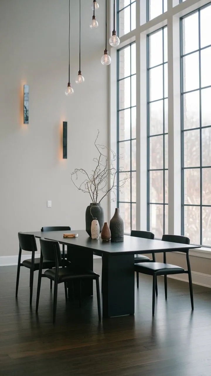 This modern dining sanctuary blends a striking black table with warm natural light and elegant grey walls, creating an atmosphere of understated luxury enriched by carefully curated decor.