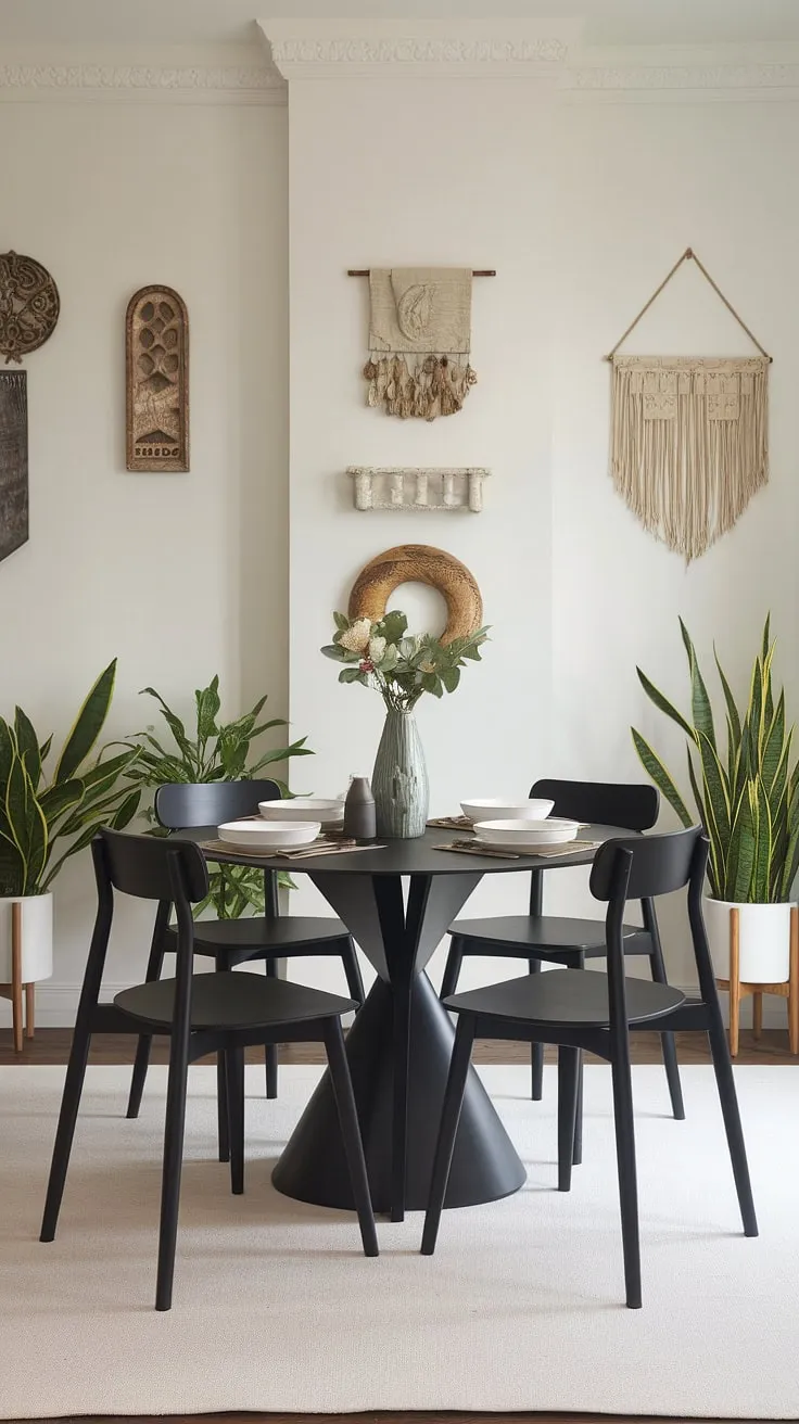 A stunning modern dining room, effortlessly chic. The black dining table is the focal point, its minimalist design complemented by the soft white rug and the carefully chosen decorative elements on the walls. A space designed for both style and comfortable gatherings.