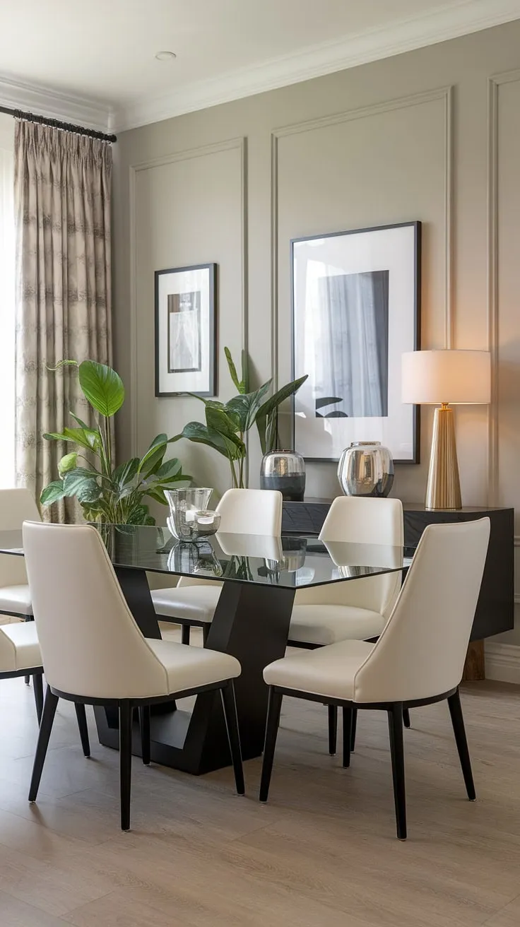 Sophisticated simplicity defines this dining space. The sleek black table with its glass top, paired with crisp white chairs, creates a stunning contrast against the soft gray walls. A few carefully chosen plants and artwork add warmth and personality, making it the perfect setting for intimate gatherings and everyday meals. The light wood floors complete the elegant, modern aesthetic.