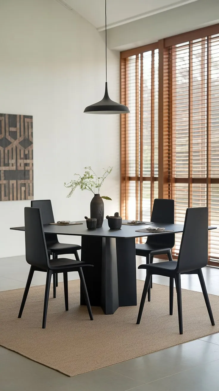 A study in contrasts: the stark black dining table and chairs against the bright white walls and beige rug. The geometric artwork and pendant light add visual interest, creating a modern and chic dining space that's both functional and aesthetically pleasing.