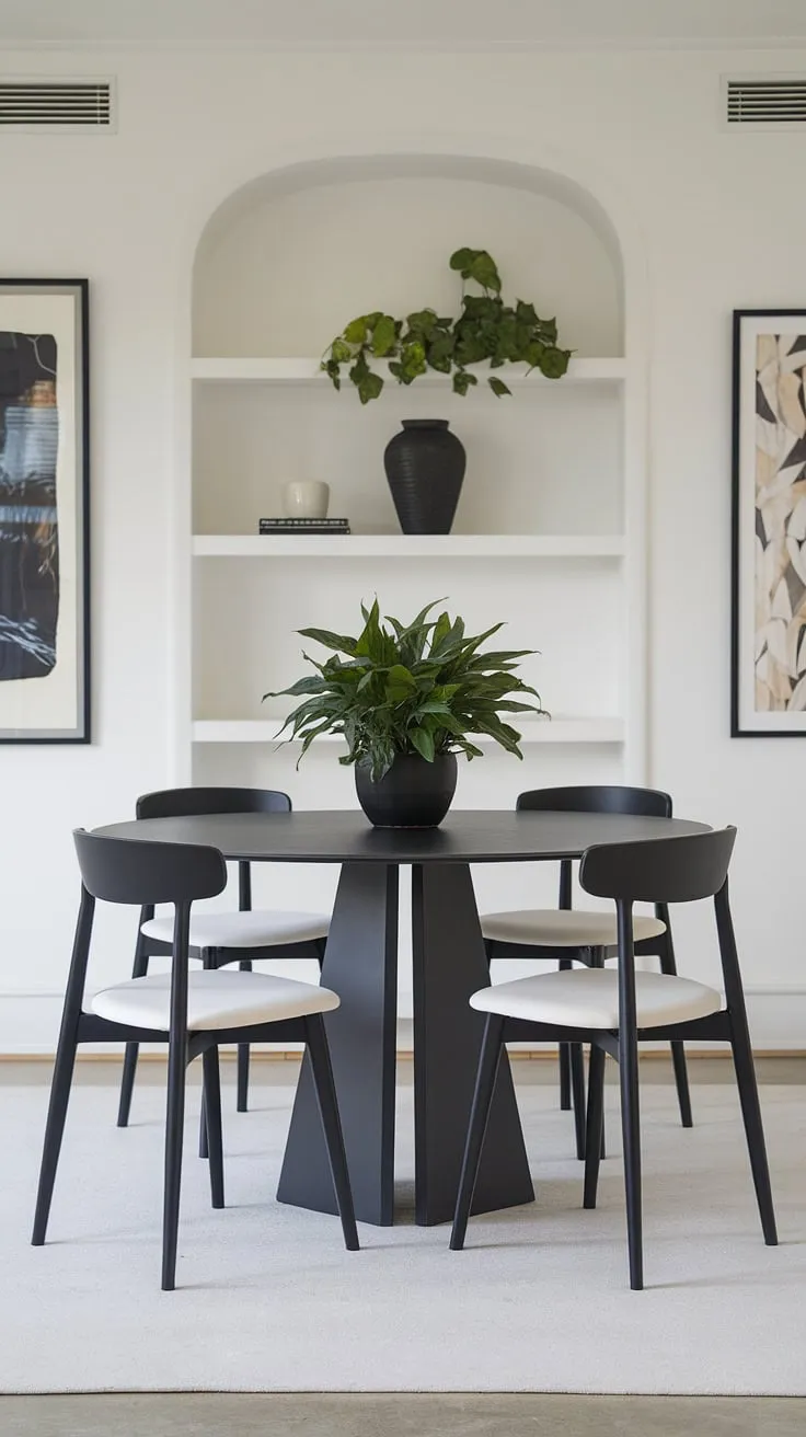This modern chic dining space effortlessly blends form and function. The black dining table, complemented by white cushioned chairs and a striking black vase, showcases a refined elegance. The addition of greenery, both on the table and the shelf, softens the stark lines and brings a sense of tranquility to the room. A testament to the power of simple, yet impactful design.