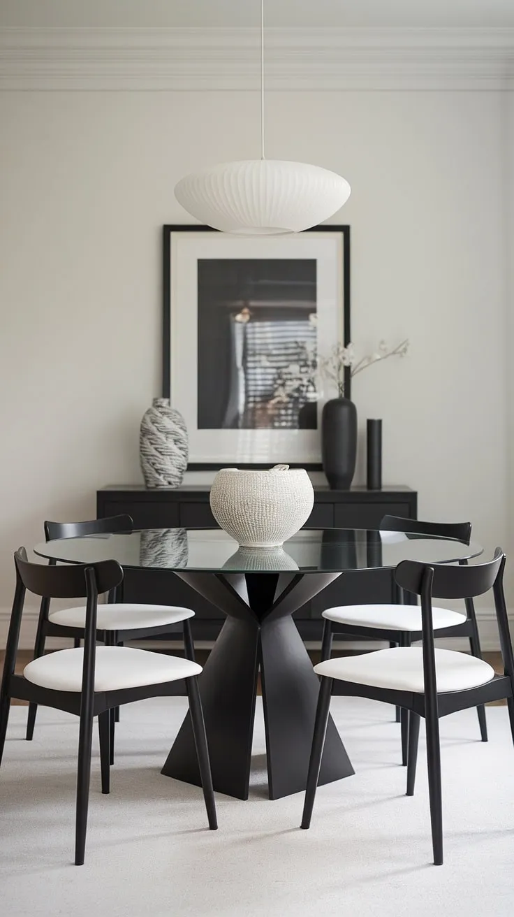 A modern sanctuary for dining, this space effortlessly blends form and function. The black dining table, with its glass top, is a striking centerpiece, while the white walls and rug create a bright and airy atmosphere. The carefully curated details, including the black cabinet, add a touch of personality without compromising the overall minimalist aesthetic.
