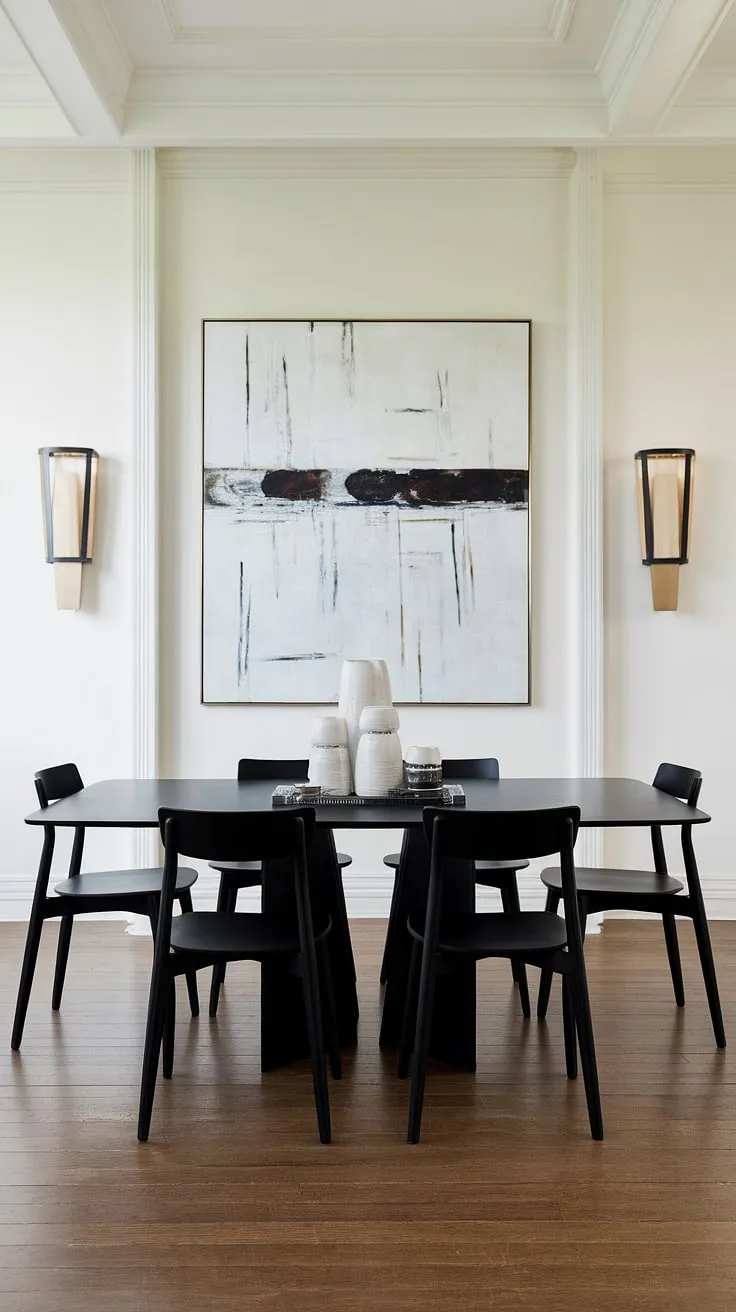 Sophisticated simplicity defines this dining space. The sleek black table, complemented by minimalist chairs and a striking abstract artwork, creates a dramatic yet calming ambiance. The warm hardwood floors and subtle lighting add to the overall sense of refined elegance.