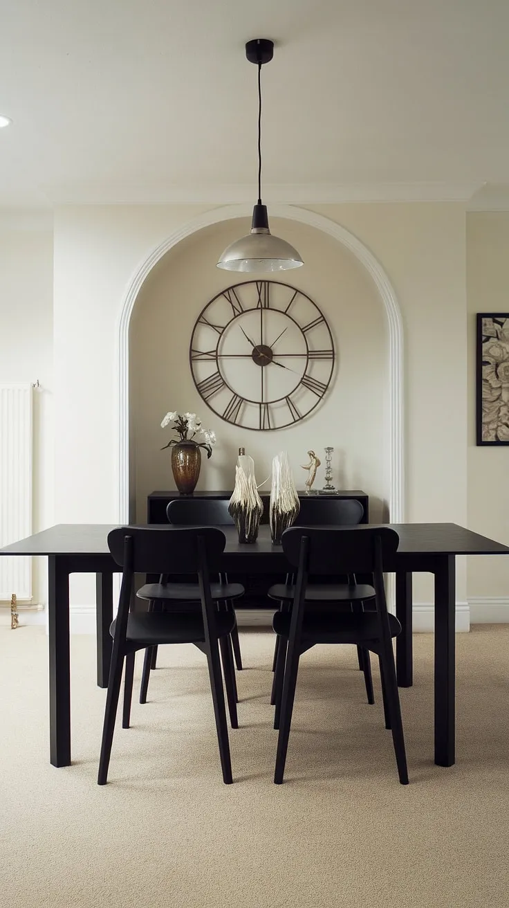 Sleek and sophisticated, this dining room's minimalist design, anchored by a dramatic black table and four equally chic chairs, creates an atmosphere of understated elegance. The large wall clock adds a touch of unexpected personality. A perfect space for intimate gatherings.
