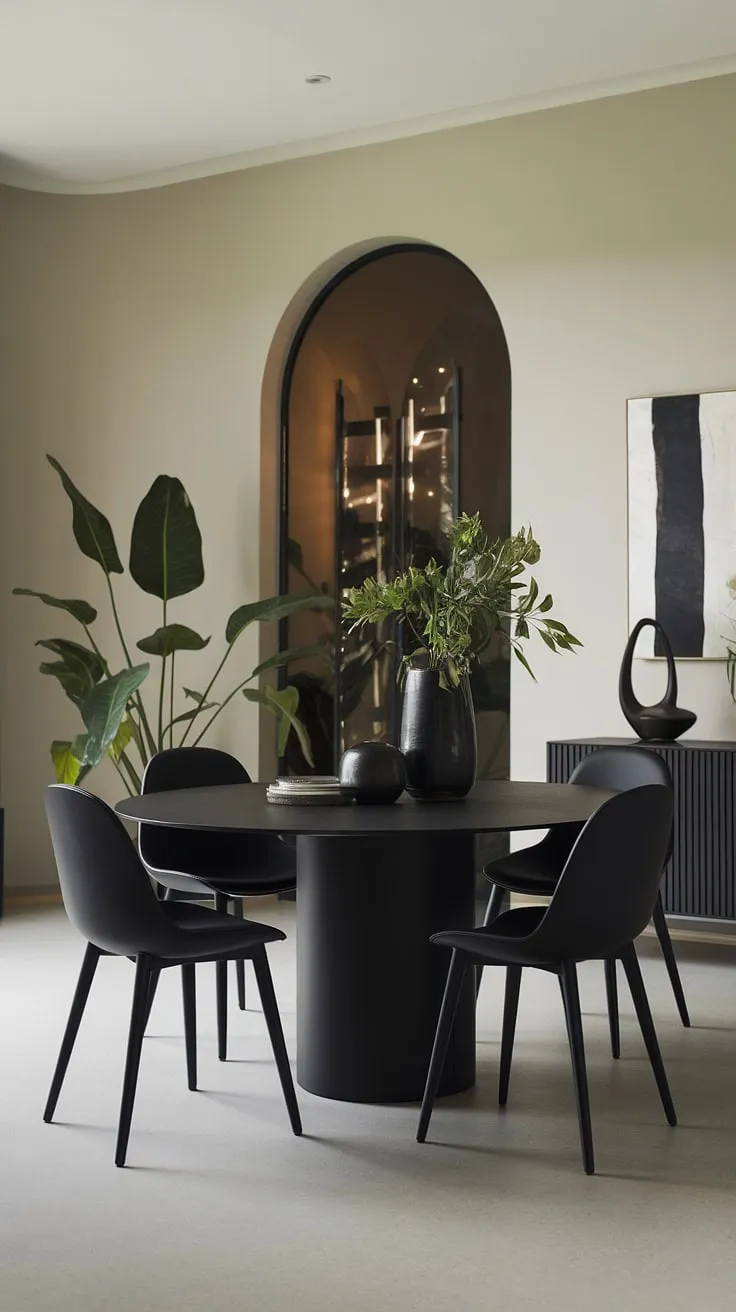 Dark, moody, and undeniably chic. This dining room's sleek black table anchors the space, while pops of greenery and carefully curated decor add warmth and personality. The light walls and flooring create a beautiful contrast, resulting in a sophisticated and inviting atmosphere.