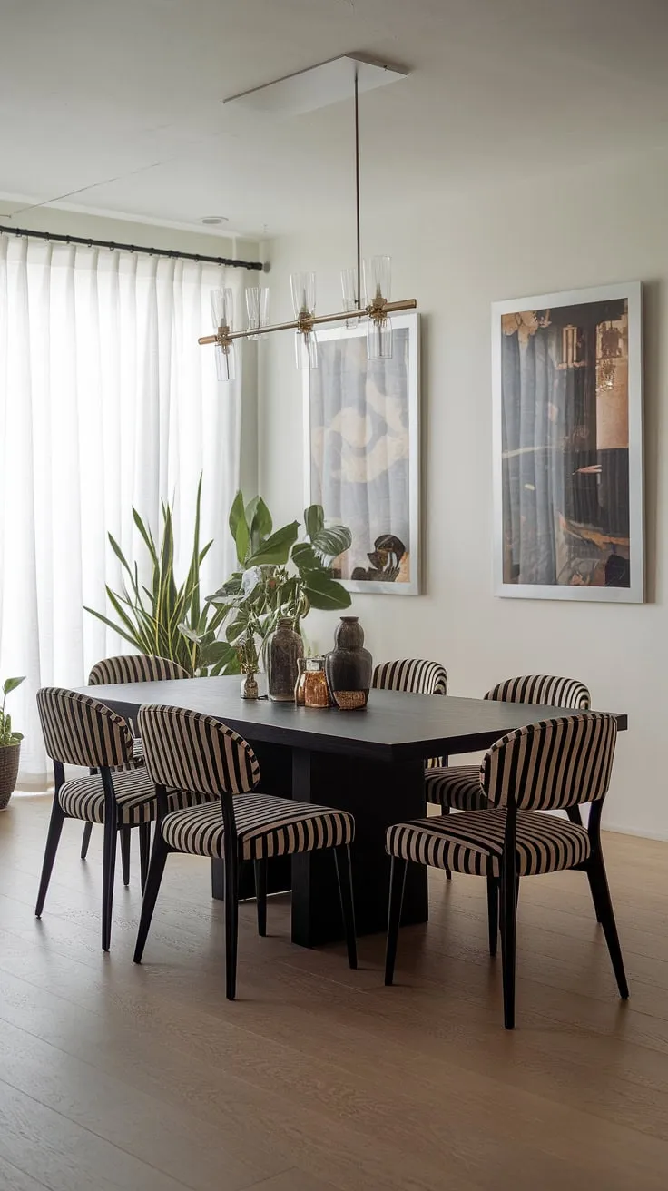 Modern minimalism meets chic sophistication in this dining room. The sleek black table, accented by black and white striped chairs, creates a dramatic focal point against the light wood floor and crisp white walls. A few strategically placed potted plants add a touch of life and warmth to the space.