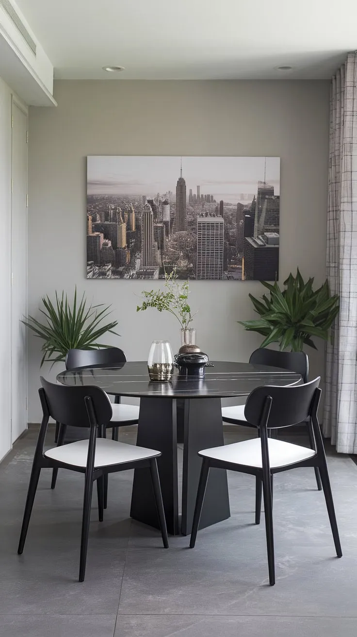 Sleek and sophisticated, this dining room's modern design is effortlessly chic. The contrast of the black base and white marble tabletop creates a visually stunning centerpiece, complemented by the black and white chairs. The gray walls and flooring provide a calming backdrop, while the city skyline artwork and potted plants add personality and warmth. A perfect blend of style and comfort.