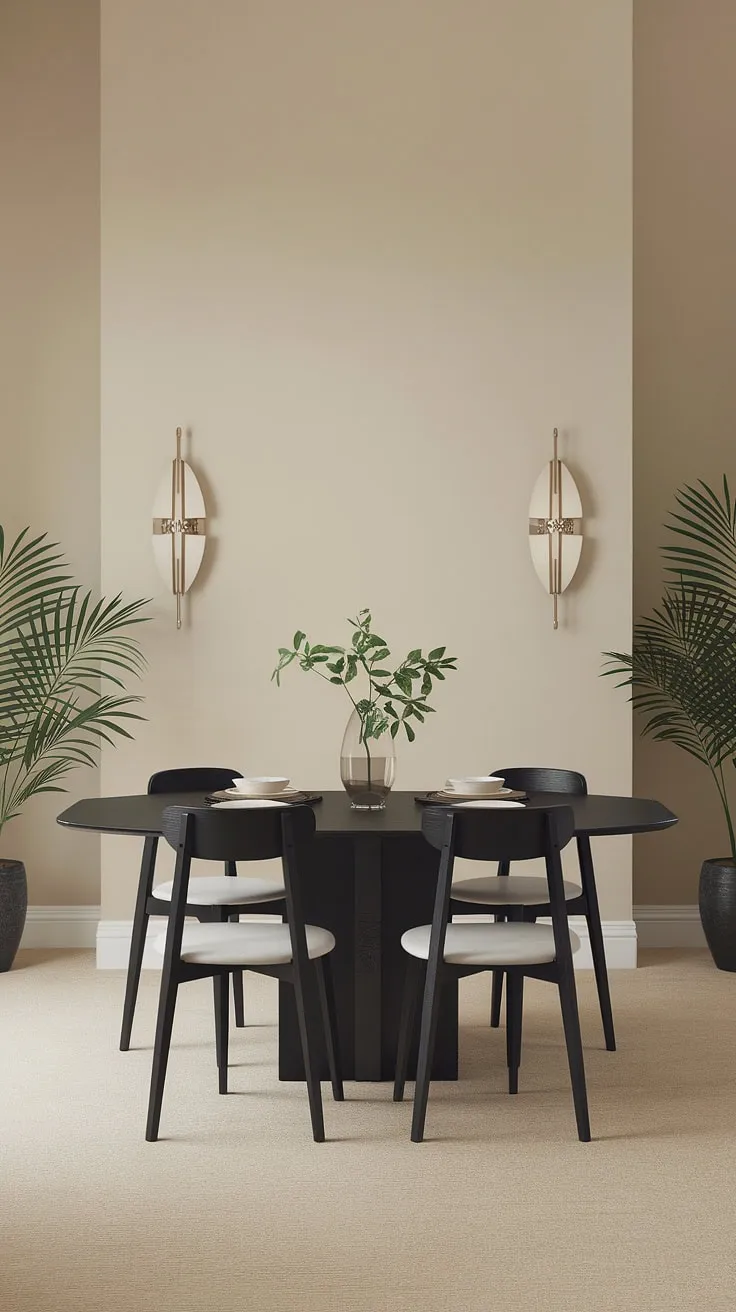 Sophisticated simplicity defines this dining space. The sleek black table, accented by white chairs and soft beige walls, creates a calming atmosphere, perfectly complemented by the subtle greenery and warm lighting. A perfect blend of modern design and understated elegance.