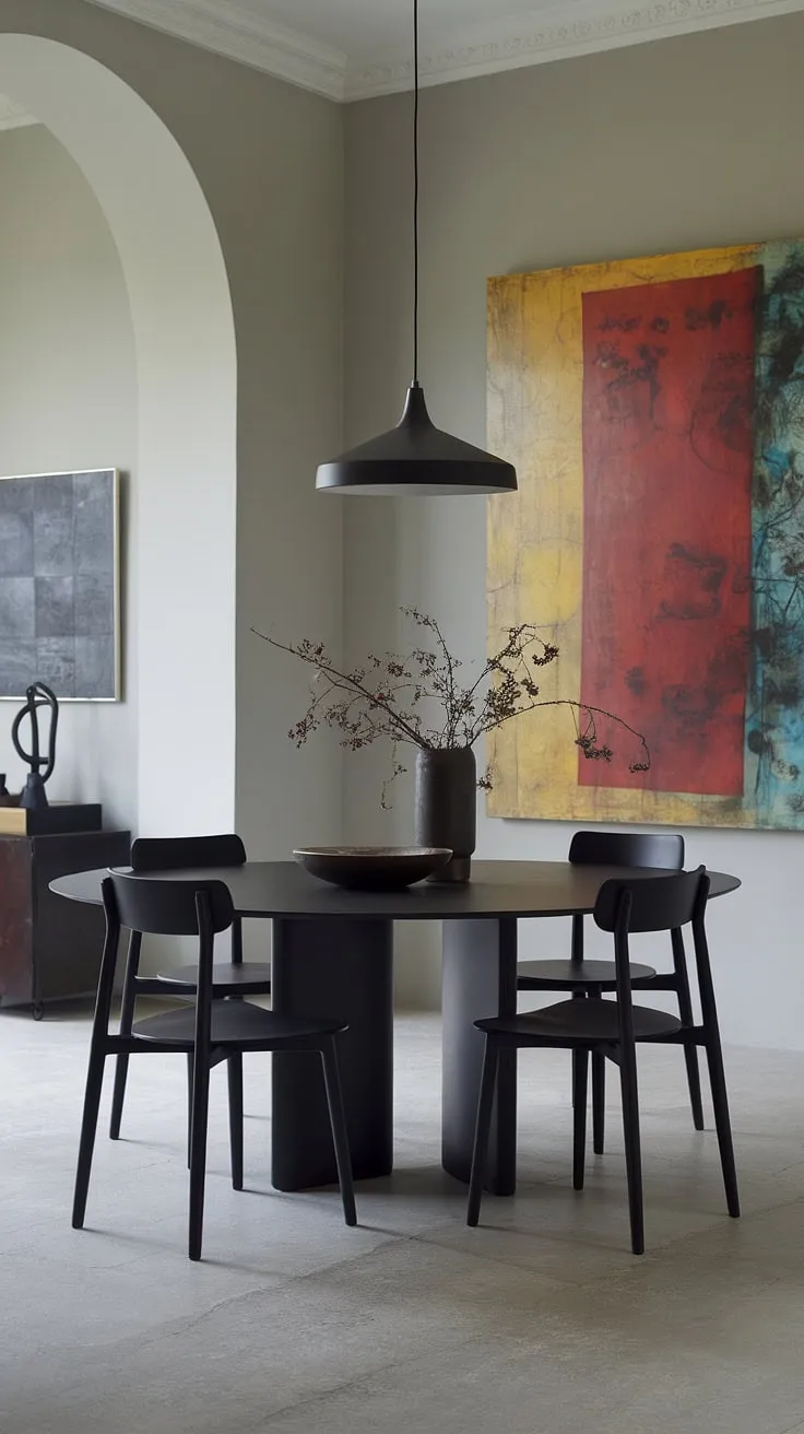 A modern masterpiece: The interplay of dark furniture, light grey walls, and a bold abstract painting creates a visually stunning dining area. The simple yet elegant design is both chic and inviting.