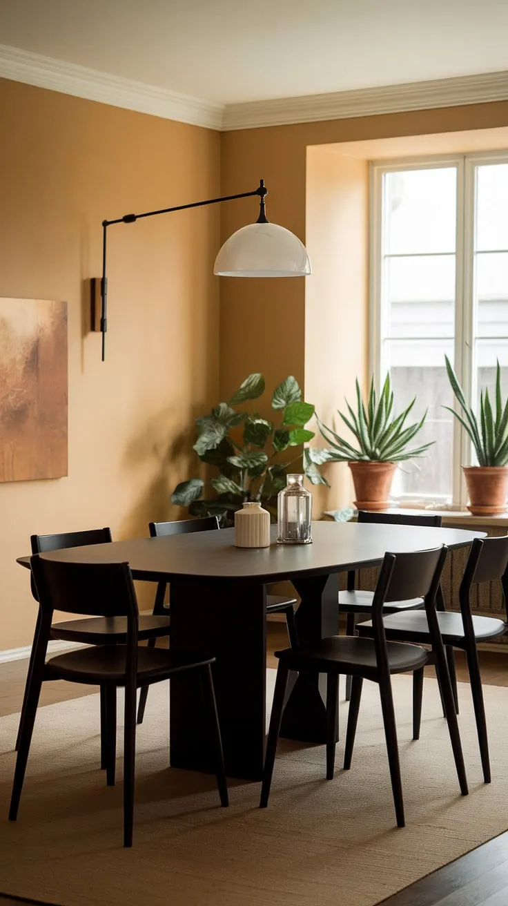 Sophisticated simplicity defines this dining space. The sleek black table, complemented by the warm beige walls and plush rug, creates a calming yet stylish atmosphere. A perfect setting for intimate gatherings and cherished moments. The strategically placed plants add a touch of nature, enhancing the overall ambiance.