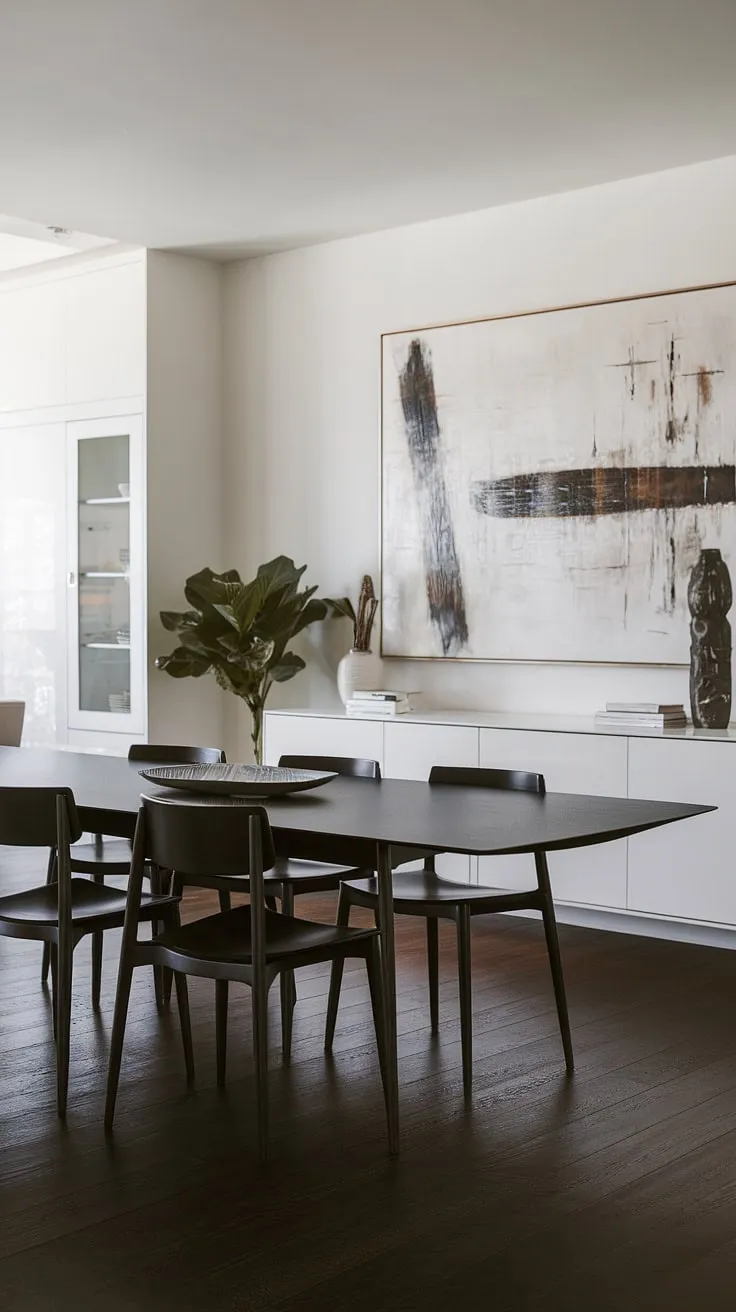 A modern masterpiece unfolds in this chic dining room. The dark table anchors the space, its elegant lines perfectly offset by the light walls and vibrant artwork. A carefully curated collection of elements results in a refined and inviting atmosphere.