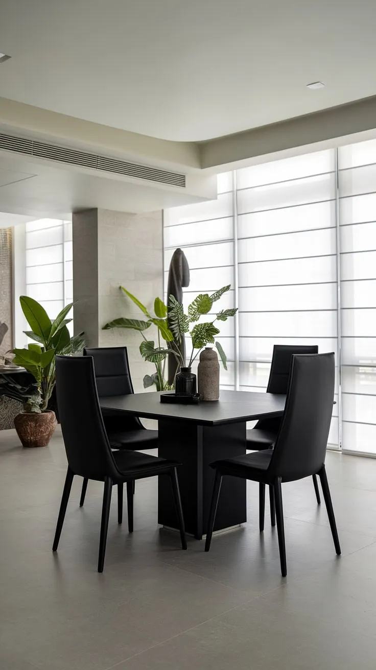 Sophisticated simplicity defines this dining space. The sleek black table, complemented by high-backed chairs and the soft grey walls, creates a calming yet stylish atmosphere. Natural light streams in, enhancing the minimalist aesthetic. A touch of greenery adds life to this impeccably designed room.