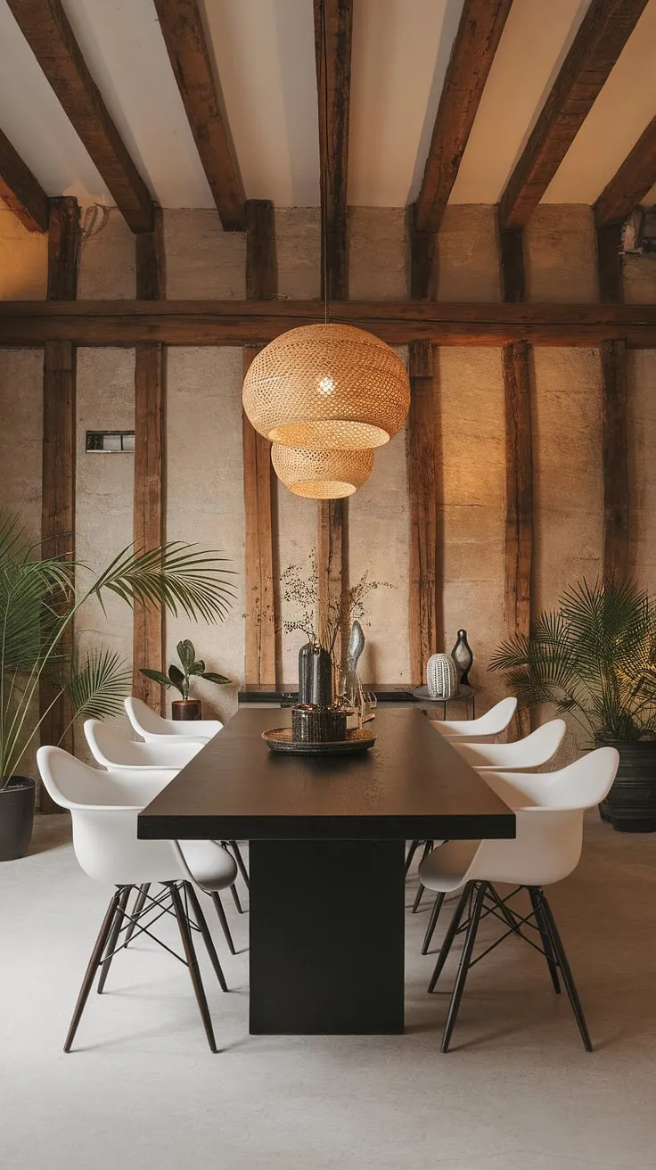 Where rustic charm meets modern elegance. The contrast of the dark dining table against the white chairs and exposed wooden beams creates a captivating space, perfectly complemented by the warm lighting and lush greenery. A sophisticated yet inviting atmosphere for unforgettable dinners.