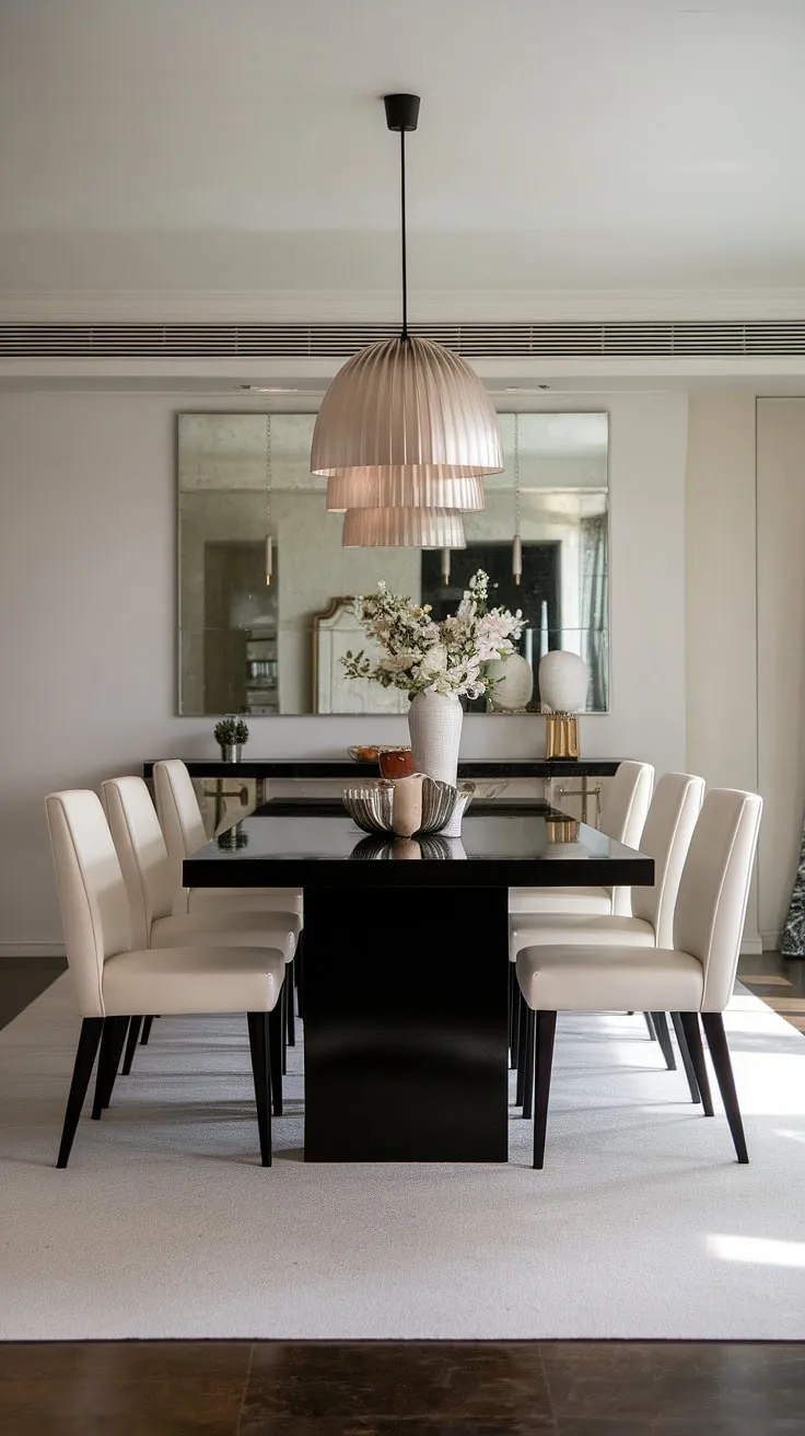 A stunning modern dining room, showcasing a chic black dining table as the centerpiece. The reflective qualities of the large mirror on the wall amplify the light and space, while the white chairs and rug provide a calming contrast. A truly elegant and functional design.